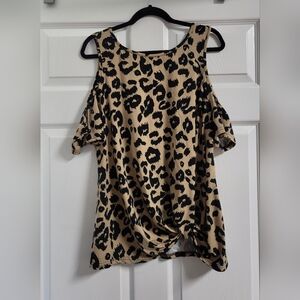 Womens Leopard Print Cold Shoulder Knotted Waist Top Size XL